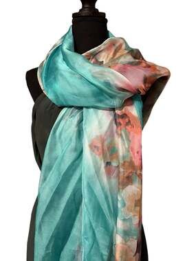MIXIT Floral Watercolor Teal and Orange Chiffon Scarf One Size